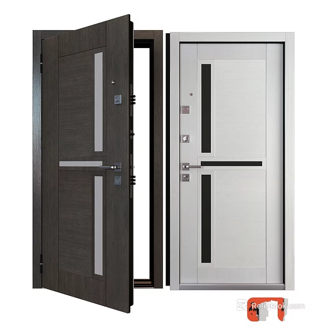 Modern Swing Doors With Dark Wooden And Light Colored Design Decorative Strips And Handles 3d model 