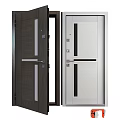 Modern Swing Doors With Dark Wooden And Light Colored Design Decorative Strips And Handles