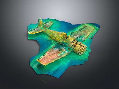 Spacecraft Wreckage Model With Yellow Green Rust In Blue Water Cosmic Exploration 3d model