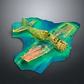 Spacecraft Wreckage Model With Yellow Green Rust In Blue Water Cosmic Exploration