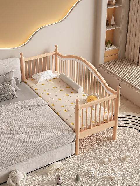 Wooden Children's Bed with Yellow Pattern Mattress White Pillow and Yellow Stuffed Toy 3d model 