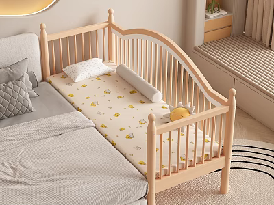 Wooden Children's Bed with Yellow Pattern Mattress White Pillow and Yellow Stuffed Toy 3d model