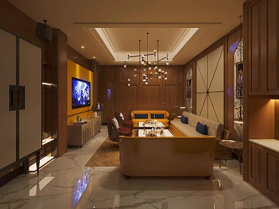 Elegant KTV Room Interior Design With Wooden Decor Sofa TV And Chandelier 3d model