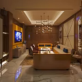 Elegant KTV Room Interior Design With Wooden Decor Sofa TV And Chandelier