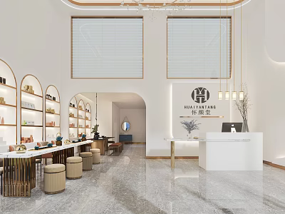 Elegant Modern Beauty Salon Interior With Reception Counter Seats Shelves Hanging Lights And Marble Floor 3d model