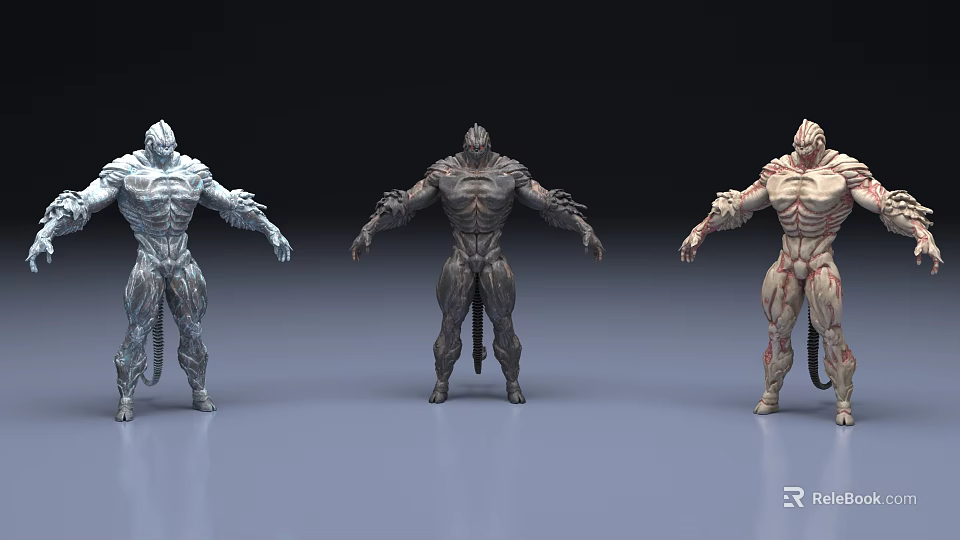 Three Humanoid Creature Models With Different Color Designs And Muscular Bodies 3d model 