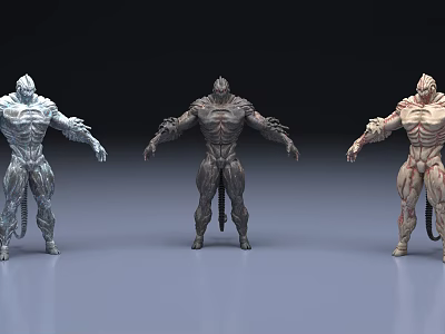 Three Humanoid Creature Models With Different Color Designs And Muscular Bodies 3d model