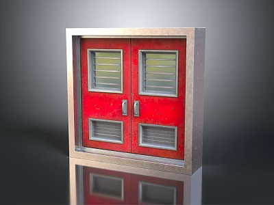 Red Metal Double Entry Door With Silver Frame And Louvered Window Panels 3d model