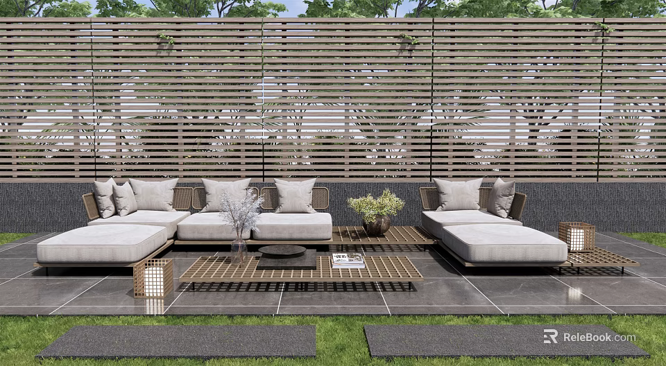 Gray Outdoor Sofa With Cushions Coffee Table And Potted Plant In Patio With Wooden Screen 3d model 