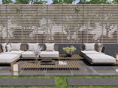 Gray Outdoor Sofa With Cushions Coffee Table And Potted Plant In Patio With Wooden Screen 3d model