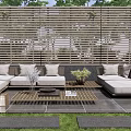 Gray Outdoor Sofa With Cushions Coffee Table And Potted Plant In Patio With Wooden Screen