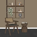 Modern Wooden Leisure Chair With Woven Backrest Beside Side Table With Books And Cup