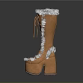 Brown Knee High Boots With White Fur Trim Lace Up Design And Thick Soles