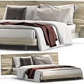 Modern Double Bed With Wooden Headboard Gray Brown Pillows And Red Blanket