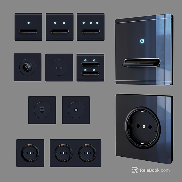 Modern Black Switch Panels With Various Types USB Ports And Power Sockets 3d model 