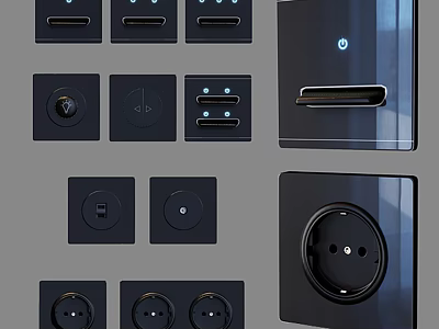 Modern Black Switch Panels With Various Types USB Ports And Power Sockets 3d model