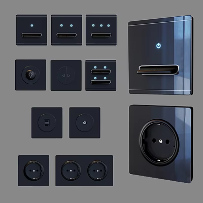 Modern Black Switch Panels With Various Types USB Ports And Power Sockets 3d model