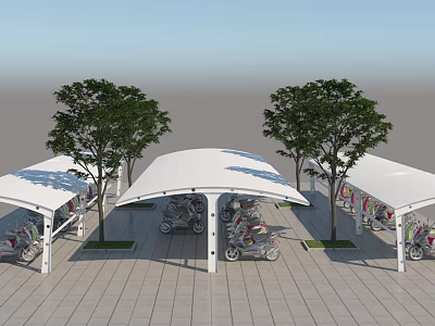 White Canopy Structure for Motorcycle Parking with Trees and Open Area 3d model