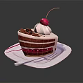 Delicious Red Velvet Cake Slice With Cream Frosting Cherry On White Plate And Fork