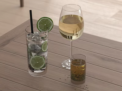 Assorted Refreshing Drinks with Wine Lime Ice and Herbal Tea in Glasses on Wooden Table 3d model