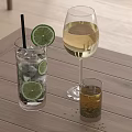 Assorted Refreshing Drinks with Wine Lime Ice and Herbal Tea in Glasses on Wooden Table
