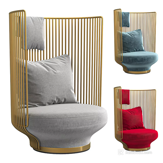 Elegant Single Sofa With Golden Striped Metal Frame And Gray Blue Red Cushions 3d model 
