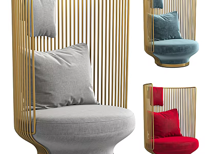 Elegant Single Sofa With Golden Striped Metal Frame And Gray Blue Red Cushions 3d model
