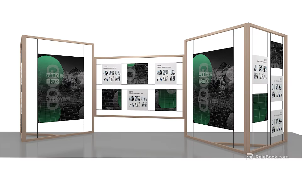 Modern Exhibition Display Shelves With Glass Panels Wooden Frames And Green Display Boards 3d model 