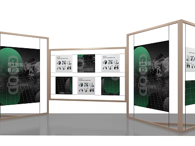Modern Exhibition Display Shelves With Glass Panels Wooden Frames And Green Display Boards 3d model