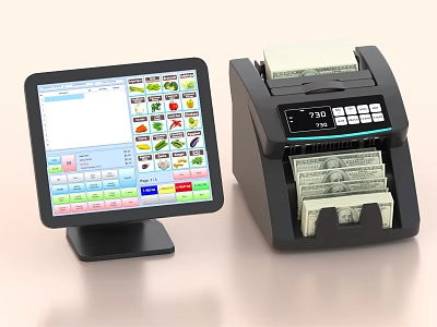 Business Equipment POS Terminal With Digital Screen And Cash Counting Machine Handling US Dollar Transactions 3d model