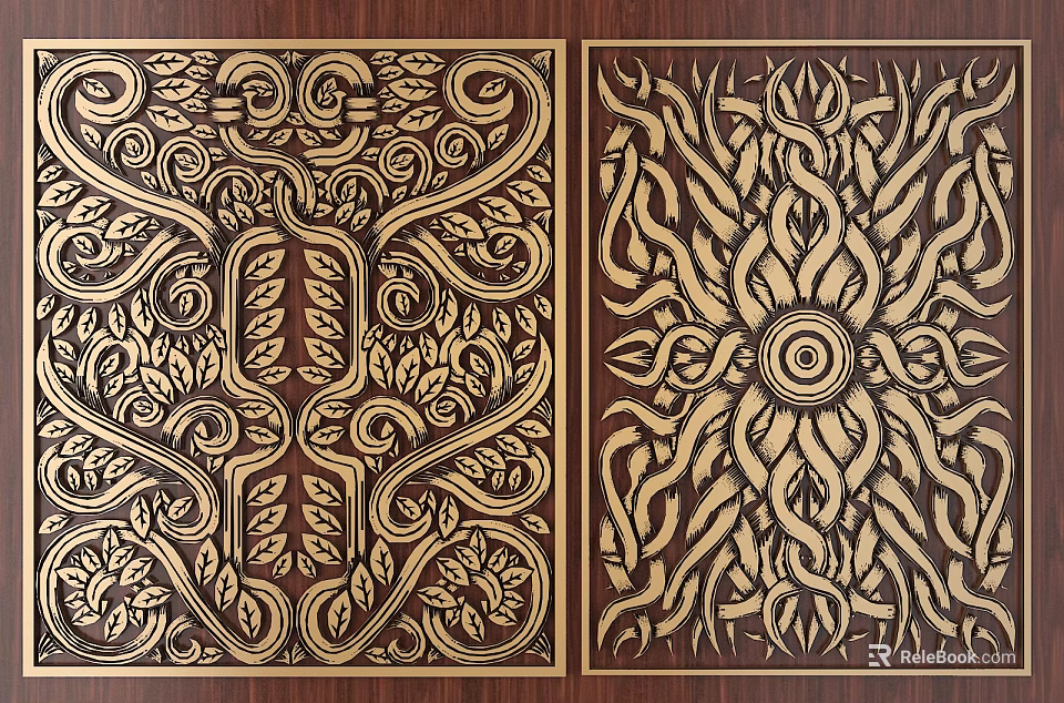 Intricate Golden Carved Patterns on Dark Wooden Panels with Floral and Sun Motifs 3d model 
