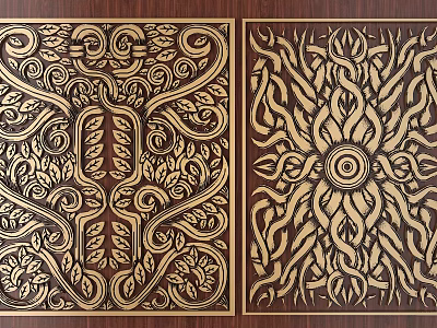Intricate Golden Carved Patterns on Dark Wooden Panels with Floral and Sun Motifs 3d model