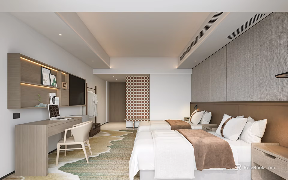 Modern Minimalist Hotel Guest Room With Double Bed White Linens Wooden Furniture And Carpet 3d model 