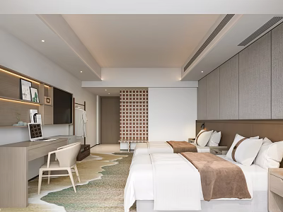 Modern Minimalist Hotel Guest Room With Double Bed White Linens Wooden Furniture And Carpet 3d model