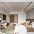 Modern Minimalist Hotel Guest Room With Double Bed White Linens Wooden Furniture And Carpet