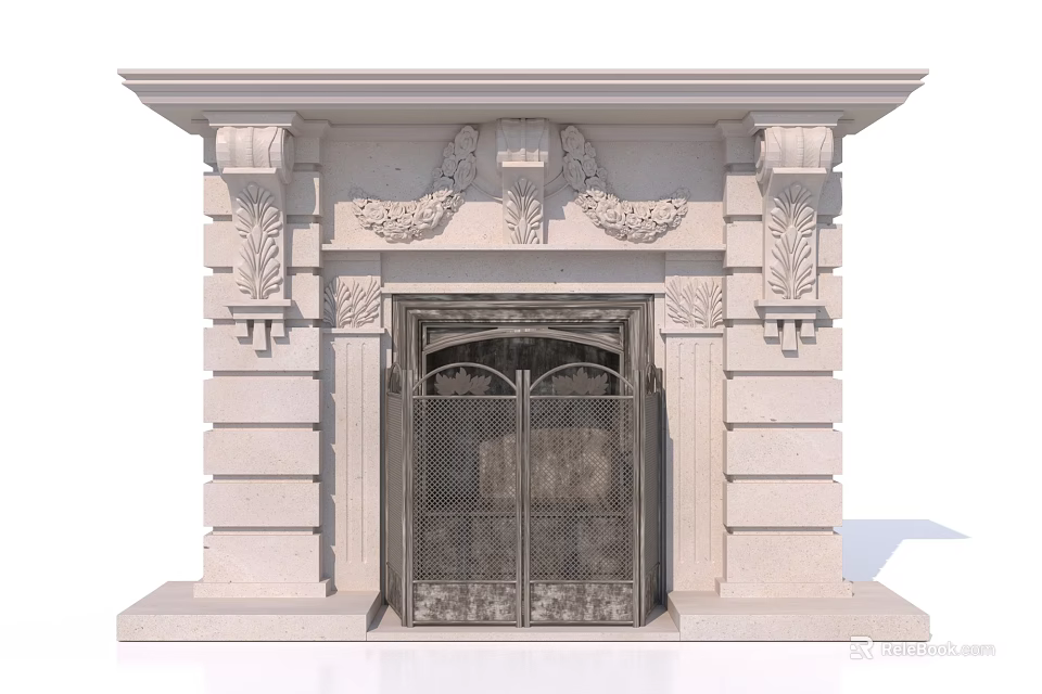Classical Stone Fireplace With Carved Details And Metal Door Interior Decor 3d model 