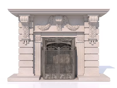 Classical Stone Fireplace With Carved Details And Metal Door Interior Decor 3d model