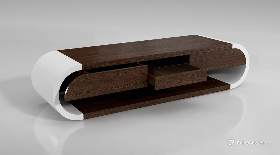 Modern Wooden Coffee Table With Drawers Storage Compartments And White Curved Edges 3d model 