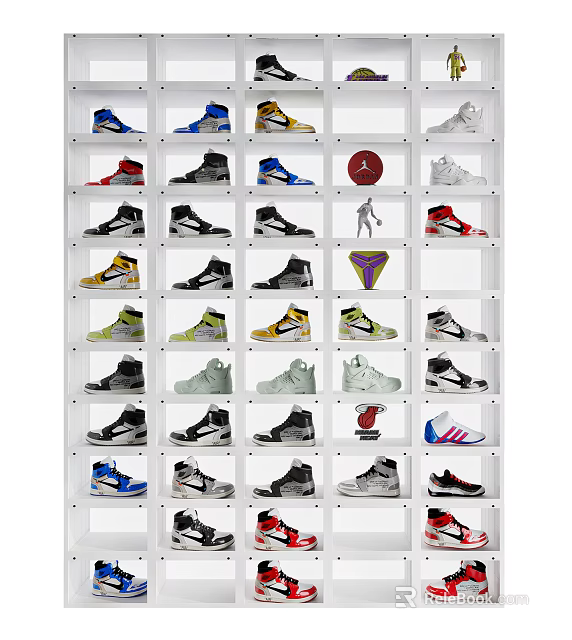 Organized Modern Shoe Cabinet Storage With Colorful Sneakers And Display Shelves 3d model 