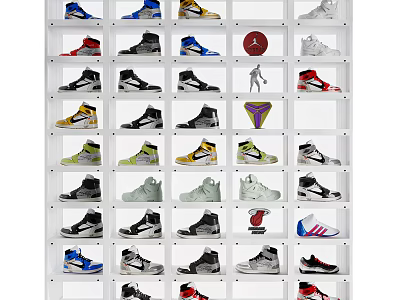 Organized Modern Shoe Cabinet Storage With Colorful Sneakers And Display Shelves 3d model