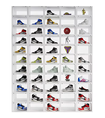 Organized Modern Shoe Cabinet Storage With Colorful Sneakers And Display Shelves 3d model