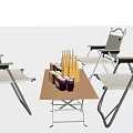 Outdoor Folding Table and Chairs Set with Wooden Top Metal Frame and White Canvas Seats