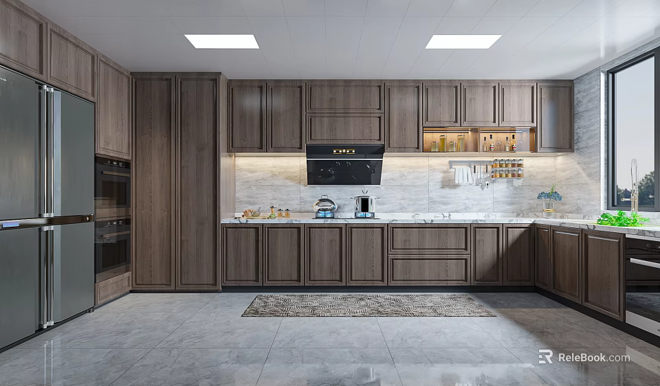 Modern Kitchen Interior Design With Wooden Cabinets Countertop Appliances And Ceiling Lights 3d model 