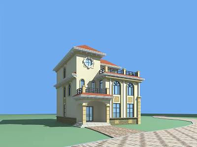 Two Story Detached Villa With Beige Exterior Red Roof Balcony And Brick Pathway 3d model