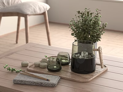 Elegant Tea Set Arrangement with Wooden Tray Glass Cups Tea Snacks and Green Plant 3d model