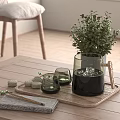 Elegant Tea Set Arrangement with Wooden Tray Glass Cups Tea Snacks and Green Plant