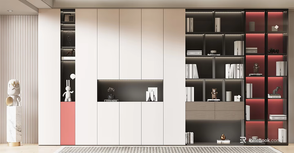 Modern Bookcase Design With White And Dark Wood Shelves And Decorative Ornaments 3d model 