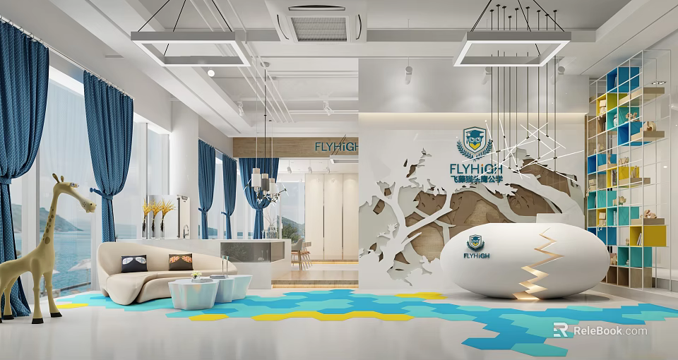 Modern Front Desk Reception Area With FLYHIGH Logo Sofa Chandeliers And Decorative Carpet 3d model 