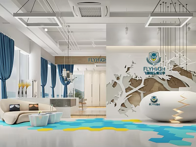 Modern Front Desk Reception Area With FLYHIGH Logo Sofa Chandeliers And Decorative Carpet 3d model