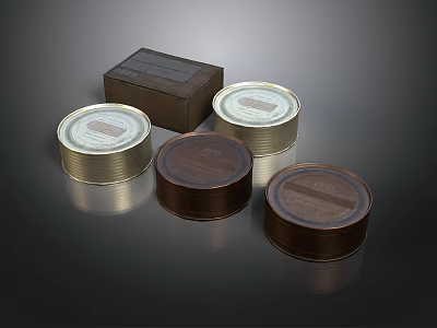 Round Metal Cans With Gold Lids And Brown Box On Dark Surface 3d model